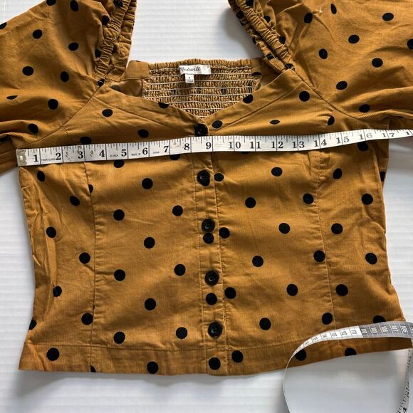 Madewell Corduroy Polka Dot Puff Sleeve Button-Up Top in Caramel Size 6 - Picture 6 of 9